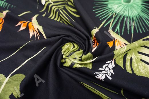 сорочечный хлопок с тропическим принтом на черном фоне рис-2