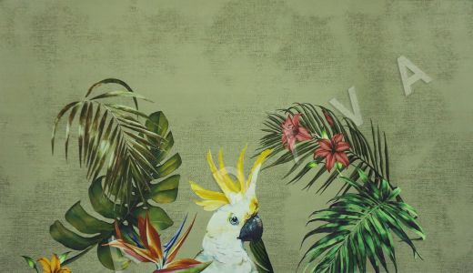 шелковый батист с попугаем по мотивам DG на оливковом фоне