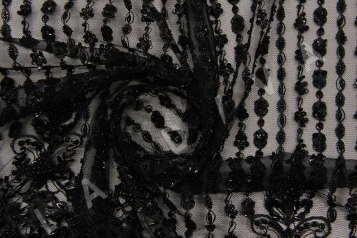 Кружево с бисером на сетке с пайетками черного цвета рис-2