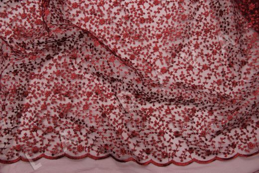 Вышивка с пайетками на сетке красного цвета LN2-00003-127-436