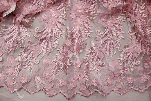 Кружево с вышивкой на сетке розового цвета с люрексом LN2-000003-107-612