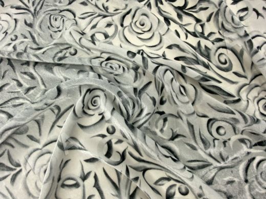 Шелковый бархат серого цвета с цветочным стилизованным принтом рис-3