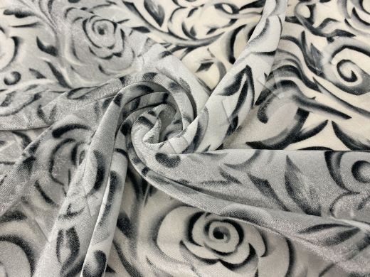 Шелковый бархат серого цвета с цветочным стилизованным принтом 2000003027491