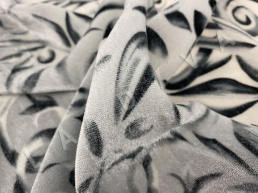 Шелковый бархат серого цвета с цветочным стилизованным принтом рис-4