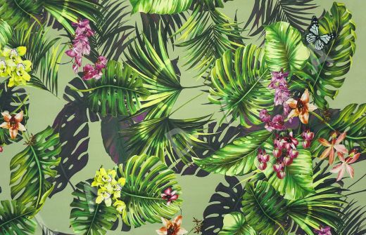шелк "Тропики с орхидеями" на салатовом фоне