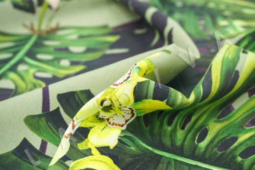 шелк "Тропики с орхидеями" на салатовом фоне рис-3